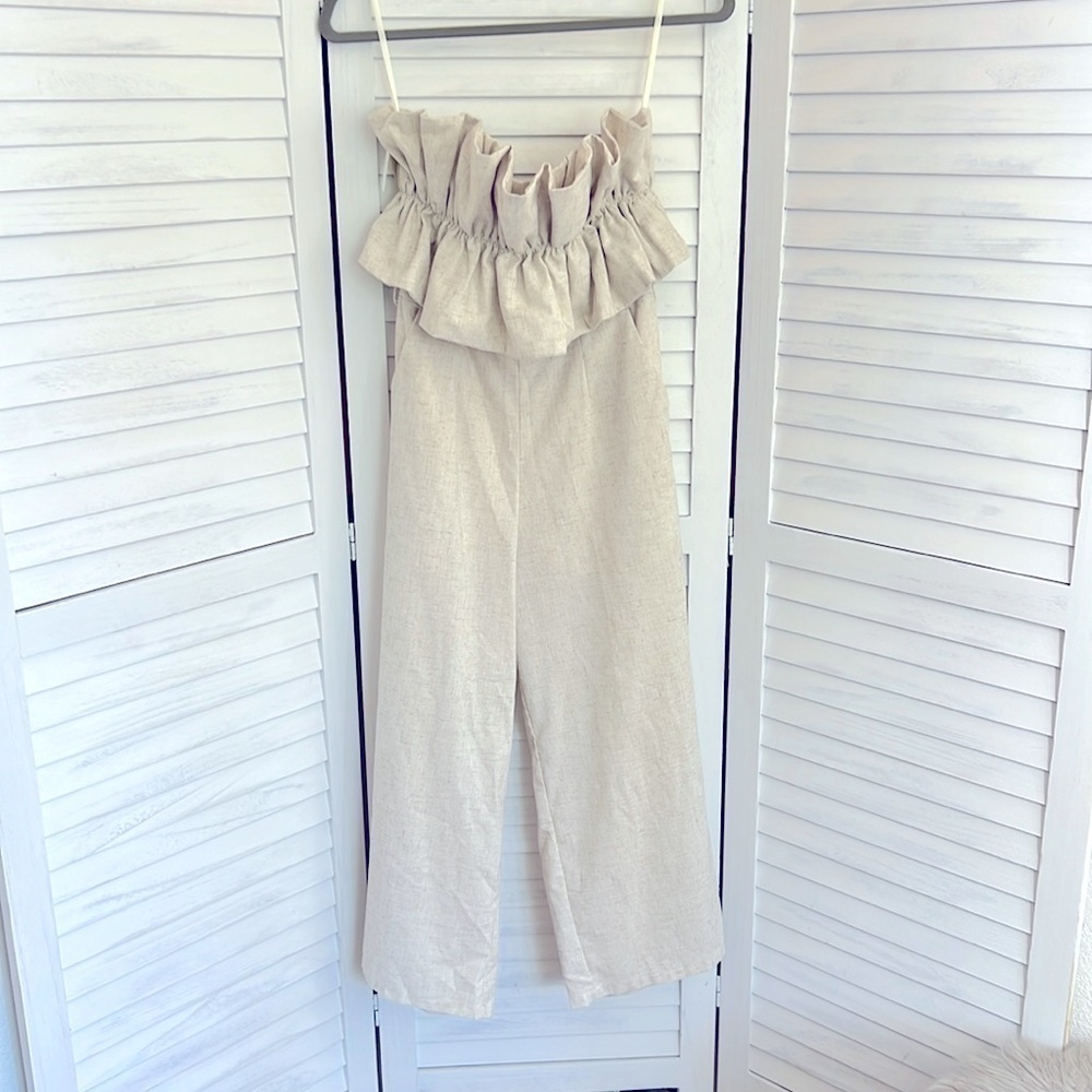 Azura Beige Ruffle Open Back Pockets Linen Capri Wide Leg Jumpsuit Small - Picture 2 of 11